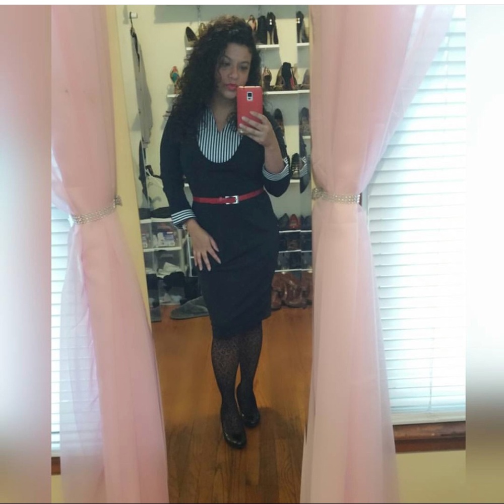 Long sleeve Black dress w/ black and white stripes